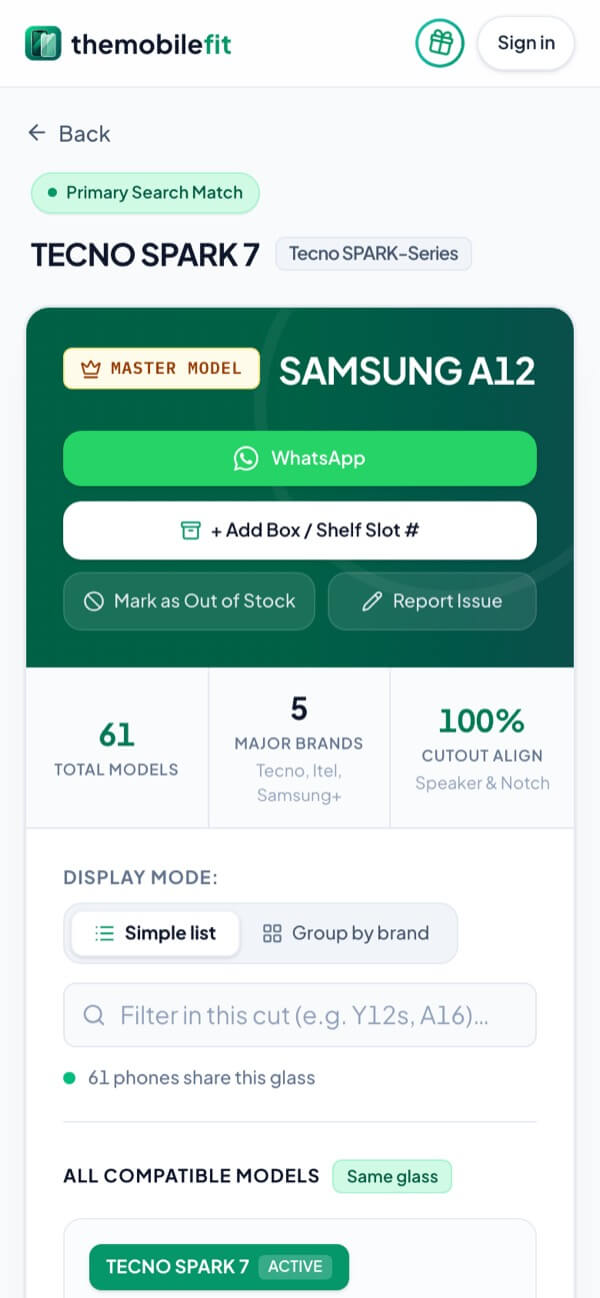 TheMobileFit result card for TECNO SPARK 7: master model SAMSUNG A12, 61 compatible phone models from Tecno, Itel, Samsung, Infinix and Motorola, with WhatsApp, box number and Report Issue buttons.
