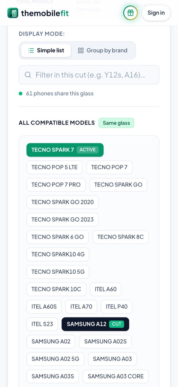 The list of compatible models: 61 phones share this glass, from TECNO SPARK 7 and ITEL A60 to SAMSUNG A12 and its siblings.