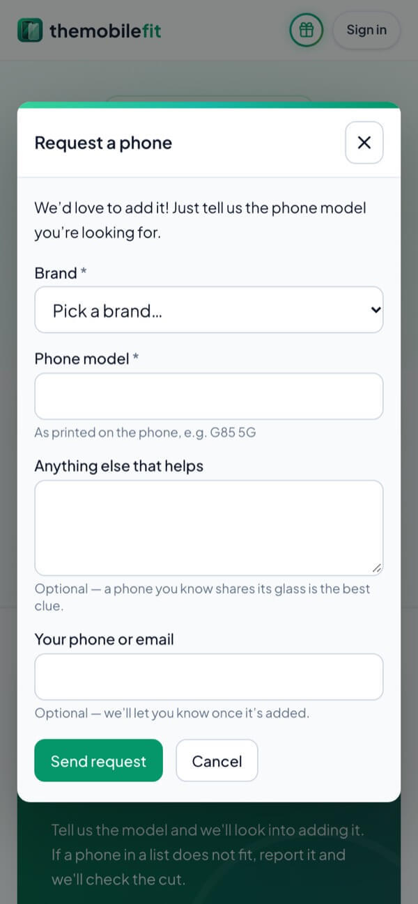 The Request a phone form in TheMobileFit: pick a brand, type the phone model, and add anything that helps.