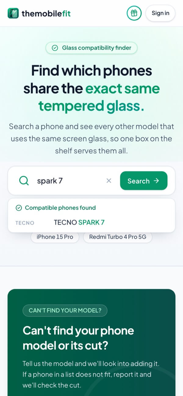 Typing spark 7 in TheMobileFit's search box shows TECNO SPARK 7 under Compatible phones found.
