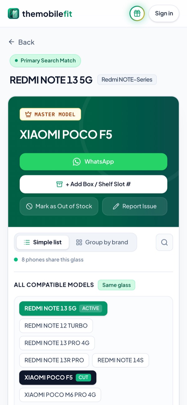TheMobileFit result card for REDMI NOTE 13 5G: master model XIAOMI POCO F5, and 8 phones share this glass, among them the REDMI NOTE 13 PRO 4G, REDMI NOTE 14S and XIAOMI POCO X6 NEO.