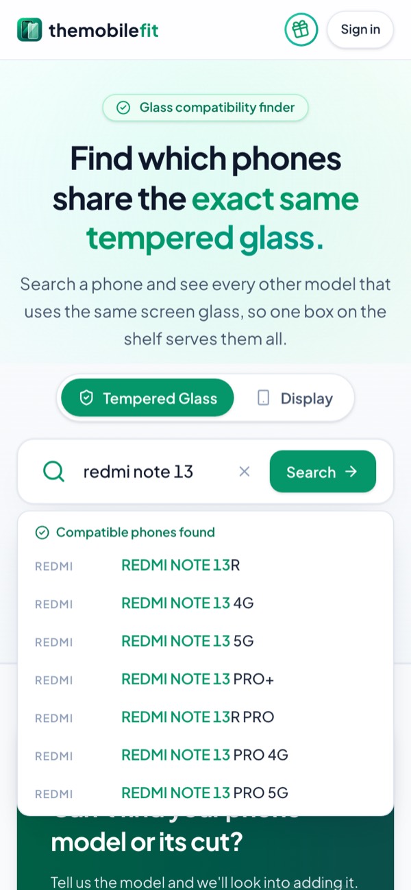 Typing redmi note 13 in TheMobileFit's search box suggests seven phones: REDMI NOTE 13R, 13 4G, 13 5G, 13 PRO+, 13R PRO, 13 PRO 4G and 13 PRO 5G.