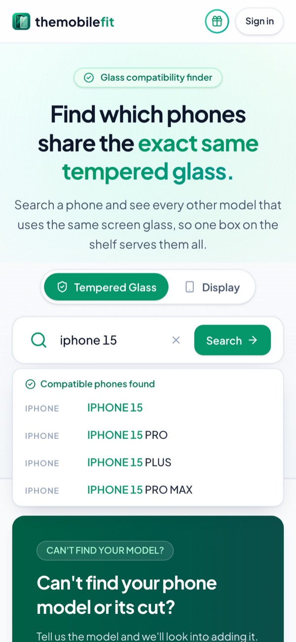 Typing iphone 15 in TheMobileFit's search box suggests iPhone phones under Compatible phones found, each opening its glass card.