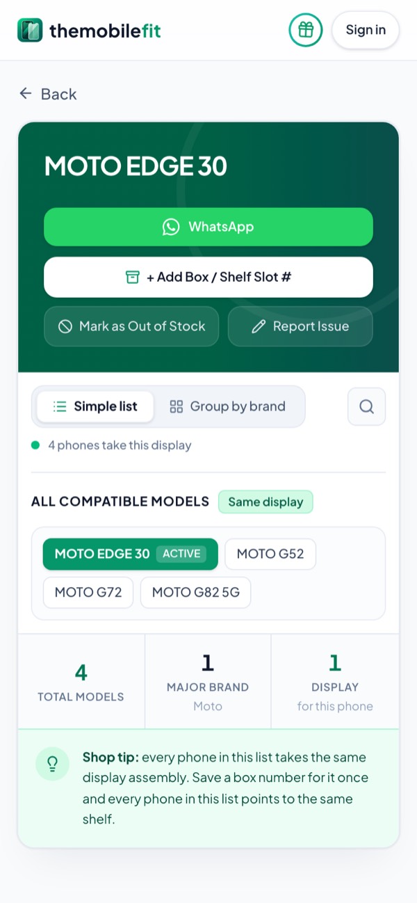 TheMobileFit display card for MOTO EDGE 30: 4 phones take this display, among them MOTO EDGE 30, MOTO G52, MOTO G72 and MOTO G82 5G, with model codes such as XT2203-1.