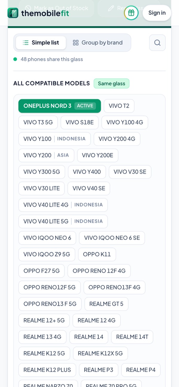 The ONEPLUS NORD 3's compatible models in TheMobileFit: 48 phones share this glass, among them ONEPLUS ACE 2V, ONEPLUS ACE 3V, ONEPLUS NORD 3, ONEPLUS NORD 4 and ONEPLUS NORD CE 3.