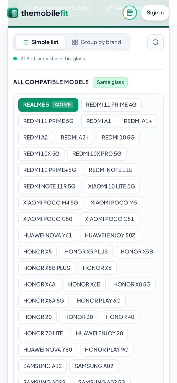 The REALME 5's compatible models in TheMobileFit: 218 phones share this glass, among them OPPO A1X, OPPO A2M, OPPO A2X, OPPO A5 2020 and OPPO A8.
