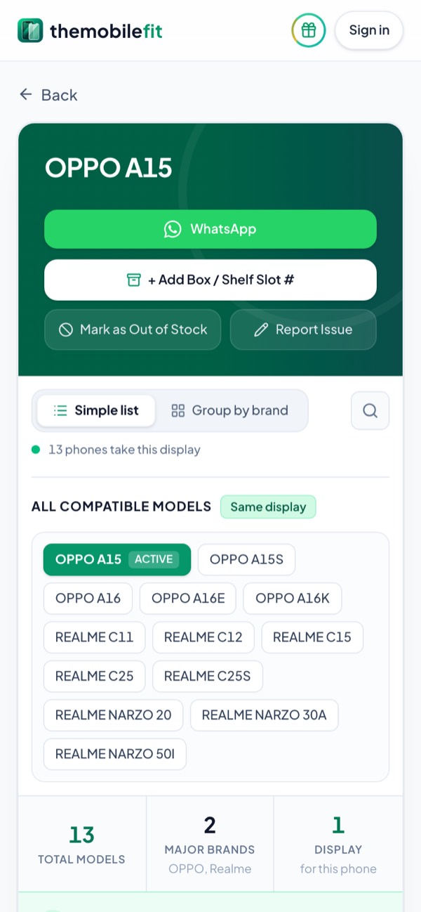 TheMobileFit display card for OPPO A15: 13 phones take this display, among them REALME C11, REALME C12, REALME C15 and REALME C25, with model codes such as CPH2179.