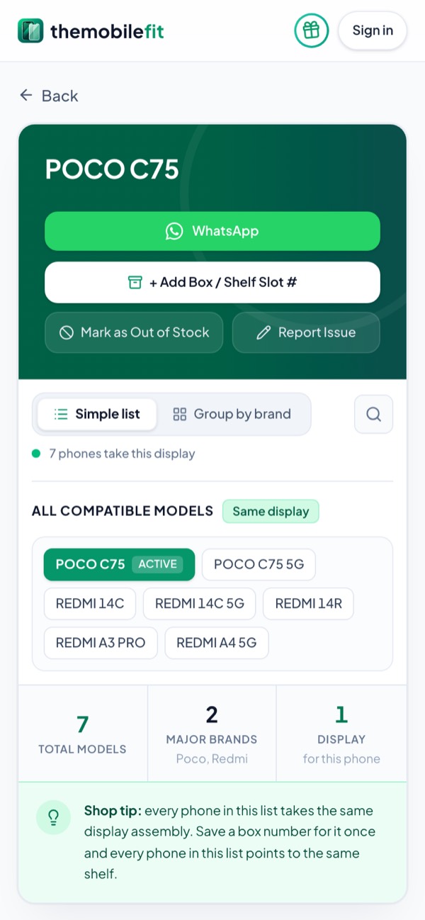 TheMobileFit display card for POCO C75: 7 phones take this display, among them REDMI 14C, REDMI 14C 5G, REDMI 14R and REDMI A3 PRO, with model codes such as 2411DRN47I.