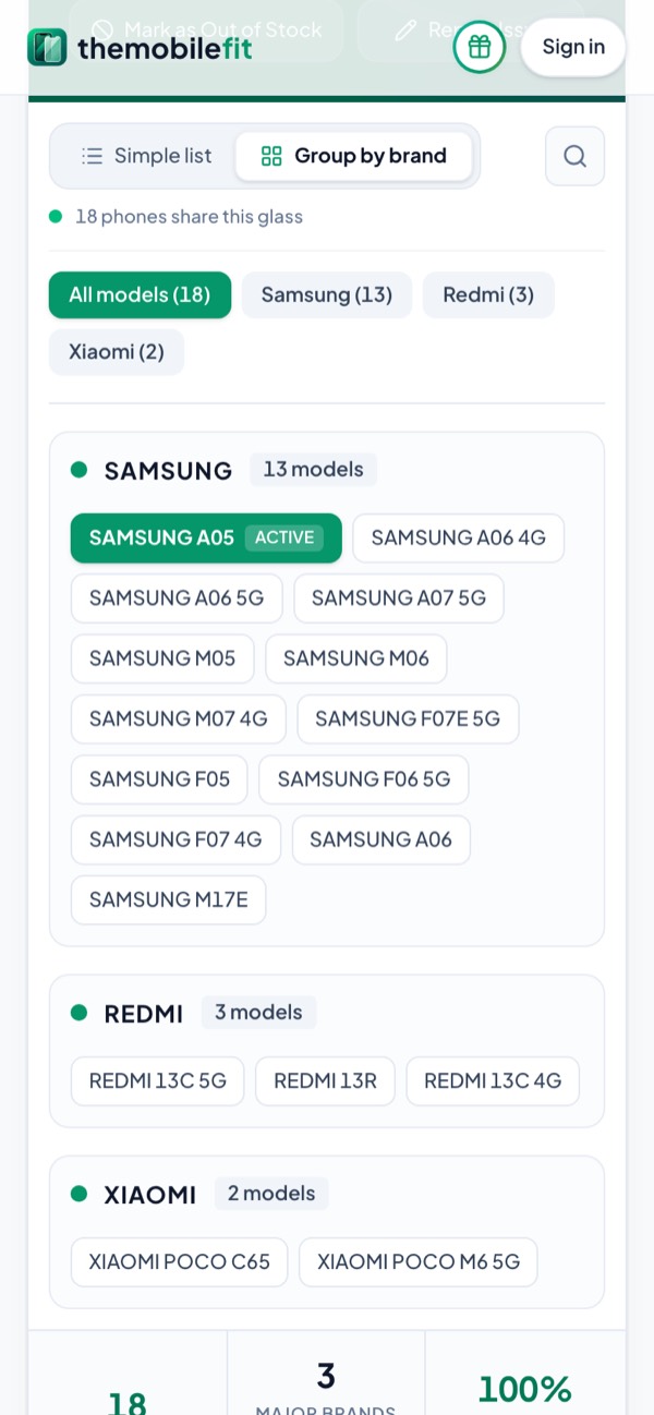 The SAMSUNG A05 card grouped by brand: All models (18), Samsung (13), Redmi (3) and Xiaomi (2), with the XIAOMI POCO C65 and POCO M6 5G under Xiaomi.