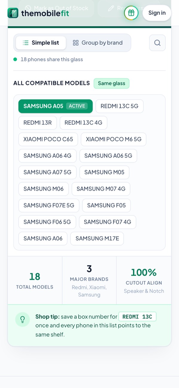 The SAMSUNG A05's compatible models: 18 phones share this glass, from REDMI 13C 5G and XIAOMI POCO C65 to SAMSUNG M17E, 3 major brands.