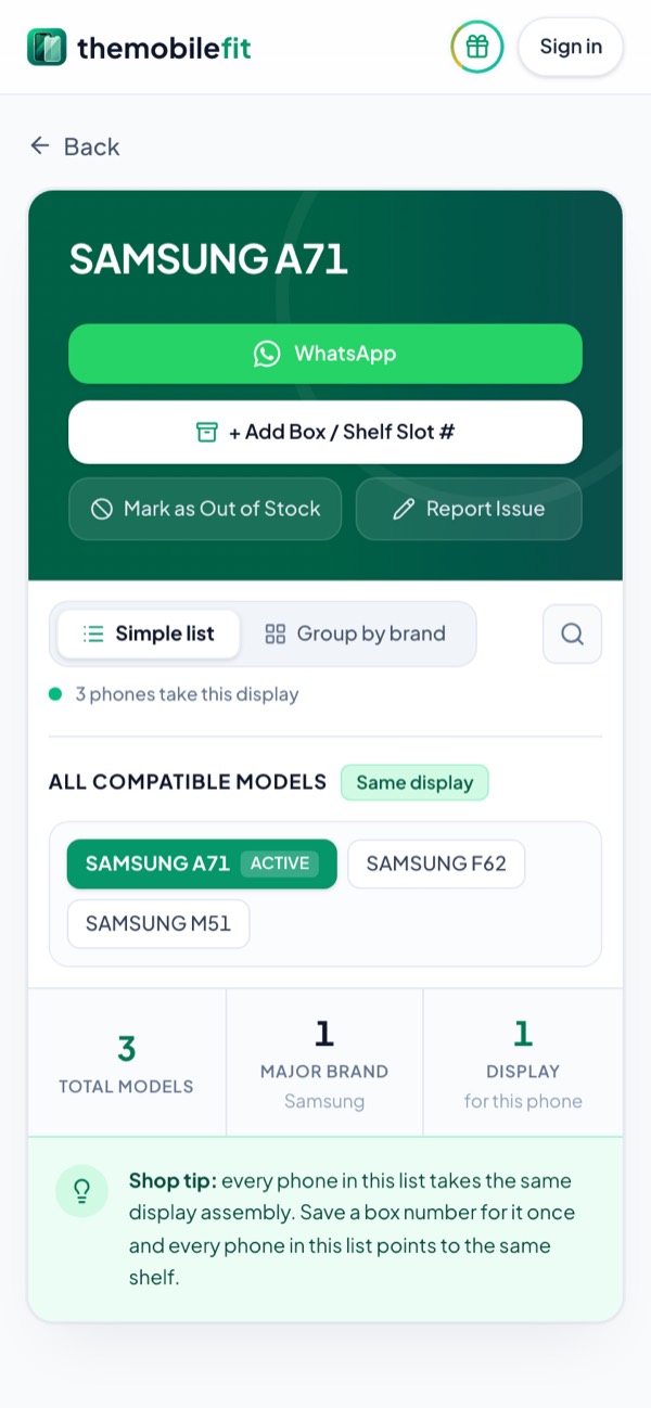 TheMobileFit Display tab card for SAMSUNG A71: 3 phones take this display, the SAMSUNG A71, F62 and M51, with WhatsApp, box number and Report Issue buttons.