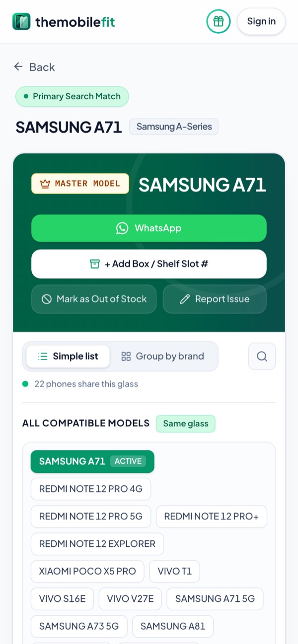 The SAMSUNG A71 on the Tempered Glass tab: master model SAMSUNG A71, and 22 phones share this glass, from REDMI NOTE 12 PRO and XIAOMI POCO X5 PRO to VIVO T1 and SAMSUNG A73 5G.