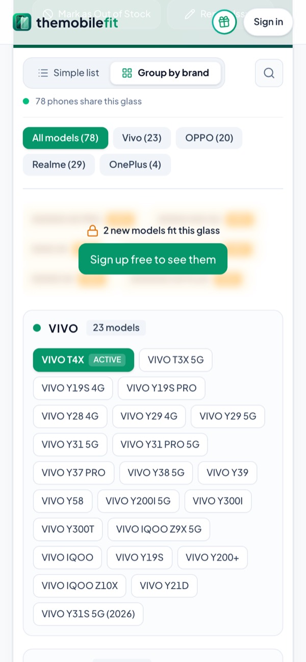 The VIVO T4X card grouped by brand: All models (78), Vivo (23), OPPO (20), Realme (29) and OnePlus (4), with 2 new models shown after signing up free.
