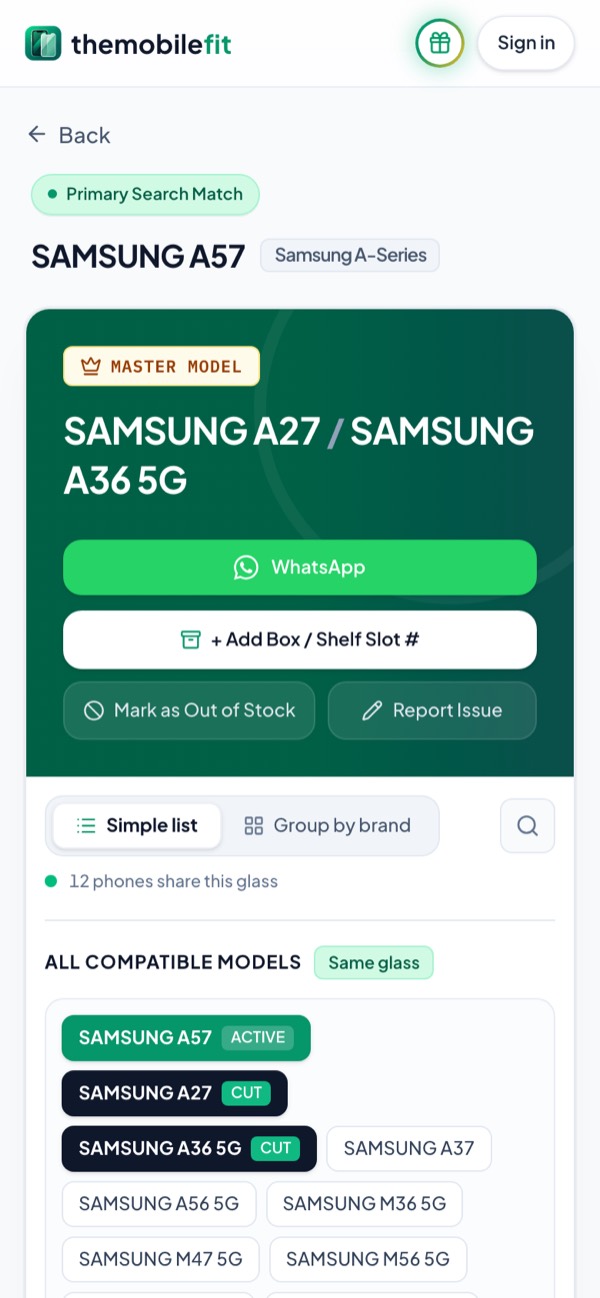 TheMobileFit result card for SAMSUNG A57: master models SAMSUNG A27 and SAMSUNG A36 5G, and 12 phones share this glass, among them the SAMSUNG A37, A56 5G and S26 FE.