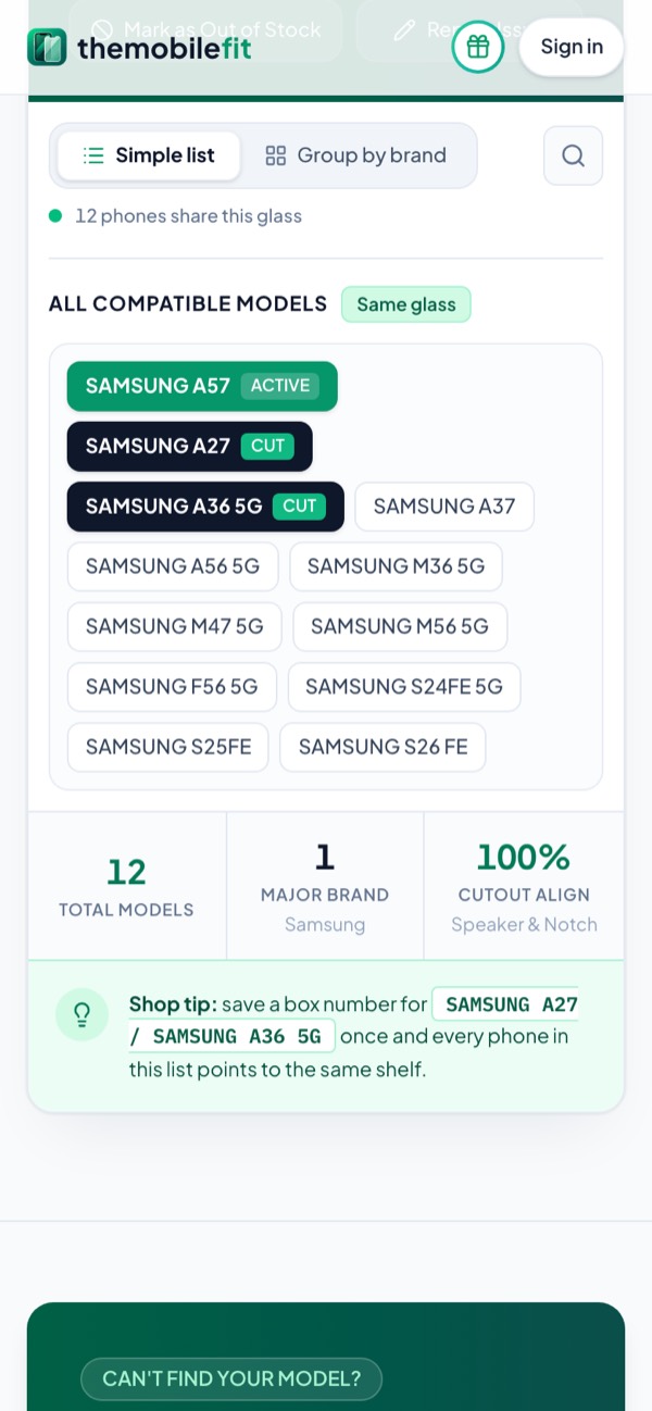 The SAMSUNG A57's compatible models: 12 phones share this glass, from SAMSUNG A27 and A36 5G to the S24FE 5G, S25FE and S26 FE.