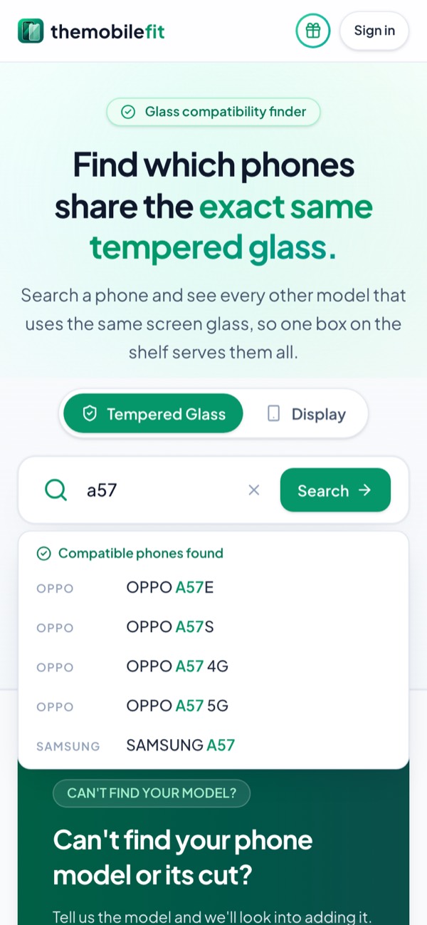 Typing a57 in TheMobileFit's search box suggests OPPO A57E, OPPO A57S, OPPO A57 4G, OPPO A57 5G and SAMSUNG A57 under Compatible phones found.