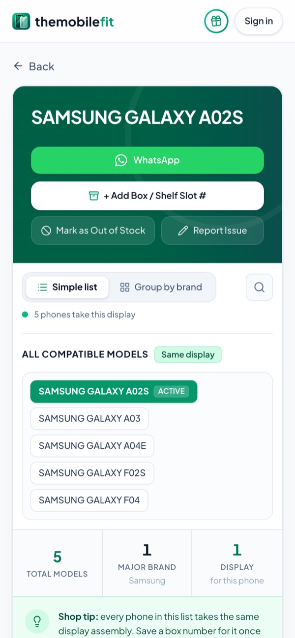 TheMobileFit display card for SAMSUNG GALAXY A02S: 5 phones take this display, among them SAMSUNG GALAXY A02S, SAMSUNG GALAXY A03, SAMSUNG GALAXY A04E and SAMSUNG GALAXY F02S, with model codes such as SM-A025G.