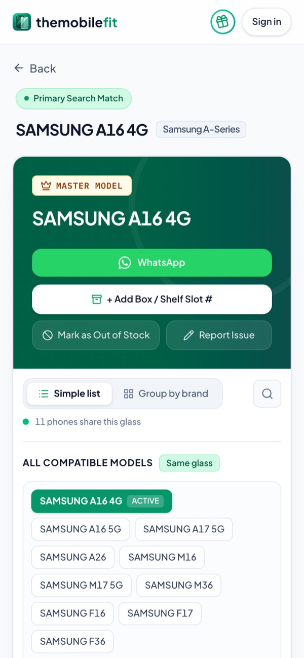 TheMobileFit result card for SAMSUNG A16 4G: master model SAMSUNG A16 4G, and 11 phones share this glass, from the A16 5G, A17 5G and A26 to the M16, M36 and F16.