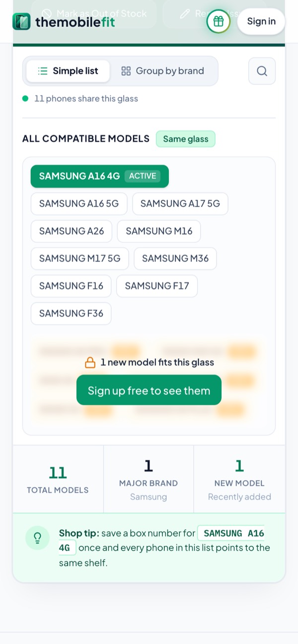 The SAMSUNG A16 4G's compatible models: 11 phones share this glass, among them the SAMSUNG M16, M17 5G, M36, F16, F17 and F36, and 1 new model shown once you sign in.