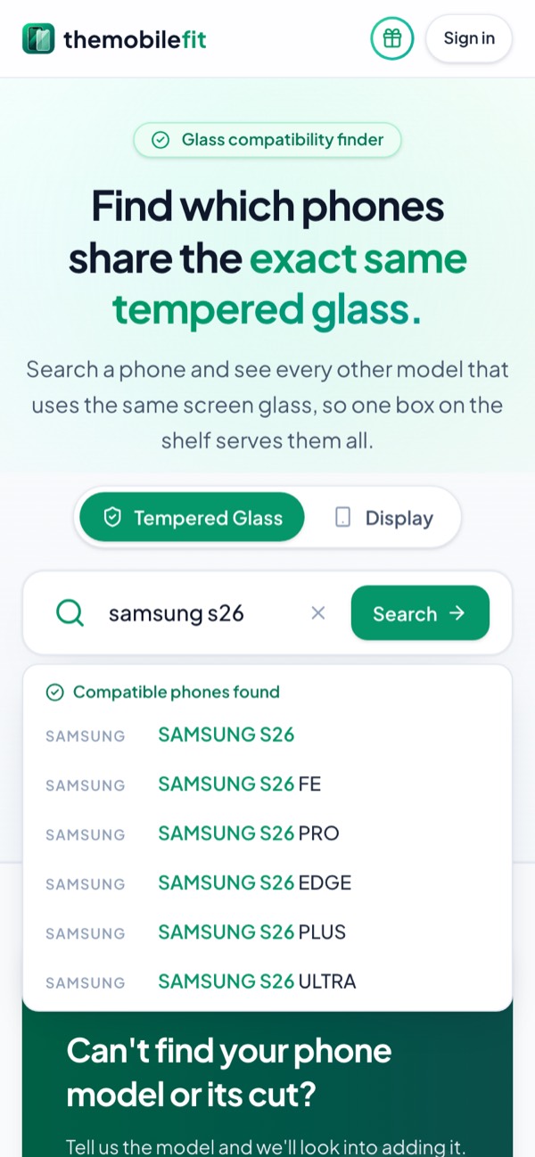 Typing samsung s26 in TheMobileFit's search box suggests SAMSUNG S26, S26 FE, S26 PRO, S26 EDGE, S26 PLUS and S26 ULTRA under Compatible phones found.