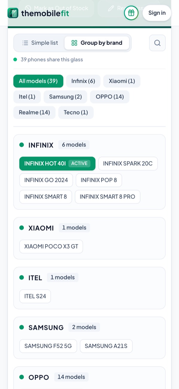 The INFINIX HOT 40I card grouped by brand: All models (39), Infinix (6), Xiaomi (1), Itel (1), Samsung (2), OPPO (14), Realme (14) and Tecno (1), with the SAMSUNG F52 5G and A21S under Samsung.