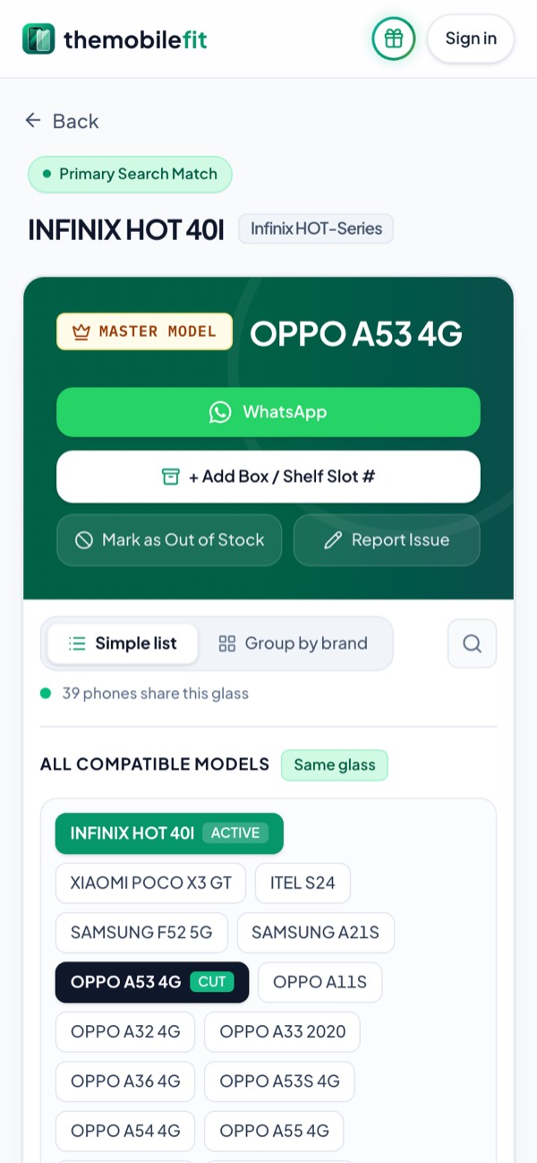 TheMobileFit result card for INFINIX HOT 40I: master model OPPO A53 4G, and 39 phones share this glass, from XIAOMI POCO X3 GT, ITEL S24 and SAMSUNG A21S to OPPO and Realme models.