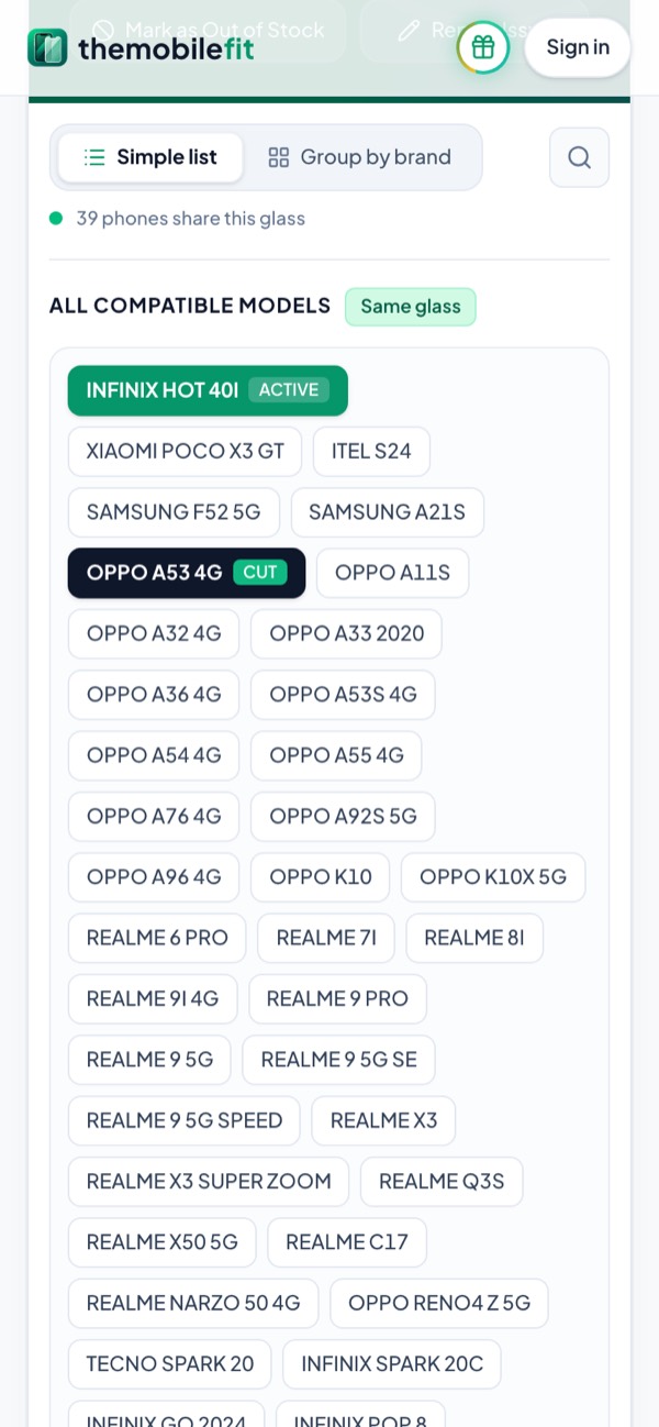 The INFINIX HOT 40I's compatible models: 39 phones share this glass, the OPPO A53 4G cut, with OPPO, Realme, Infinix, Samsung, Xiaomi, itel and Tecno models.