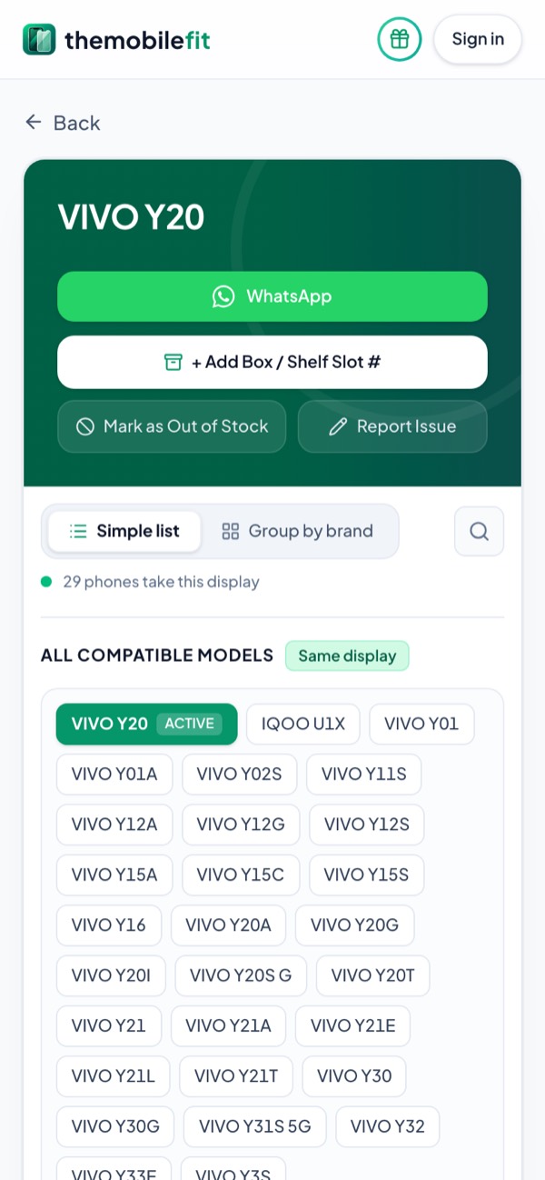 TheMobileFit display card for VIVO Y20: 29 phones take this display, the IQOO U1X and Vivo models from the Y01 to the Y33E, from 2 brands, Vivo and iQOO.