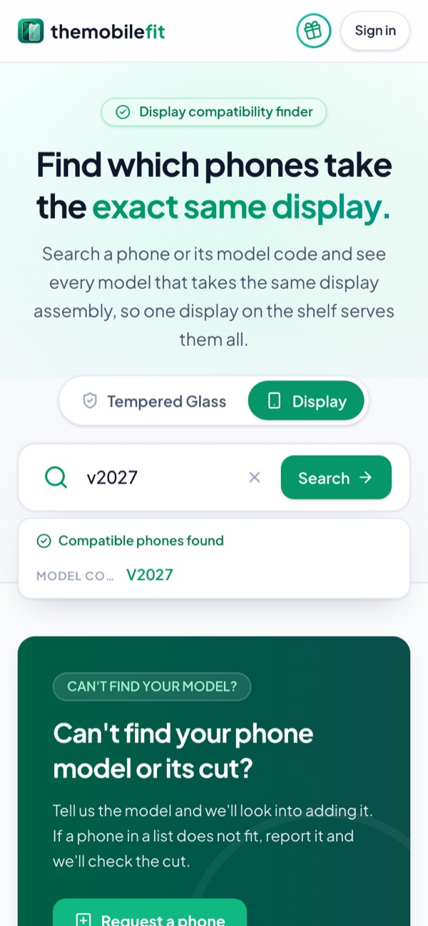 TheMobileFit's Display tab with v2027 typed in the search box: Compatible phones found lists V2027 as a model code.