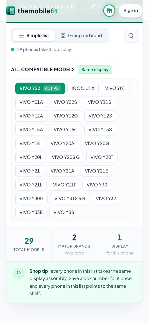 The VIVO Y20's compatible models on the Display tab: 29 phones take this display, VIVO Y20, IQOO U1X, VIVO Y01, Y12S, Y20G, Y21 and Y33E among them, from 2 brands.