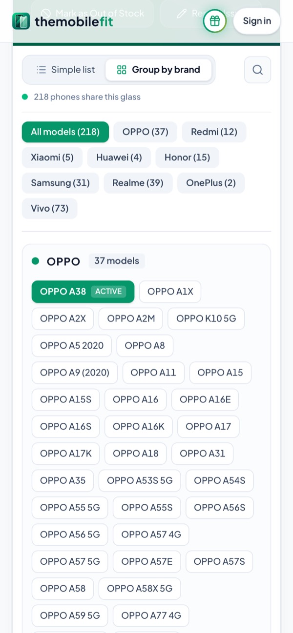 The OPPO A38 card grouped by brand: All models (218), OPPO (37), Redmi (12), Xiaomi (5), Huawei (4), Honor (15), Samsung (31), Realme (39), OnePlus (2) and Vivo (73).