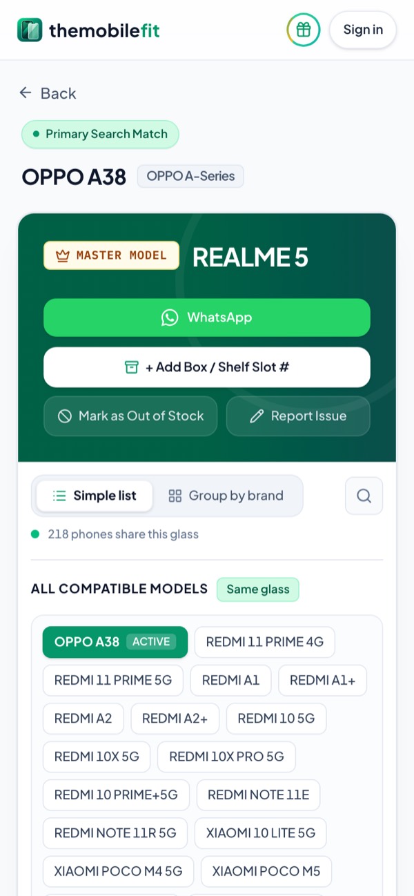 TheMobileFit result card for OPPO A38: master model REALME 5, and 218 phones share this glass, from Redmi, Xiaomi, Huawei and Honor to Samsung and OPPO.