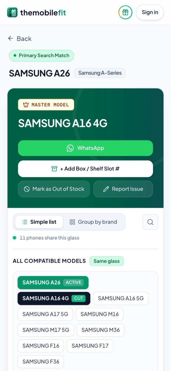 The SAMSUNG A26 card: master model SAMSUNG A16 4G, and 11 phones share this glass, among them the SAMSUNG A16 5G, A17 5G, M36 and F36.