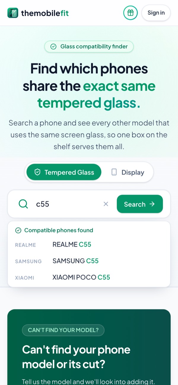 Typing c55 in TheMobileFit's search box suggests REALME C55, SAMSUNG C55 and XIAOMI POCO C55 under Compatible phones found.