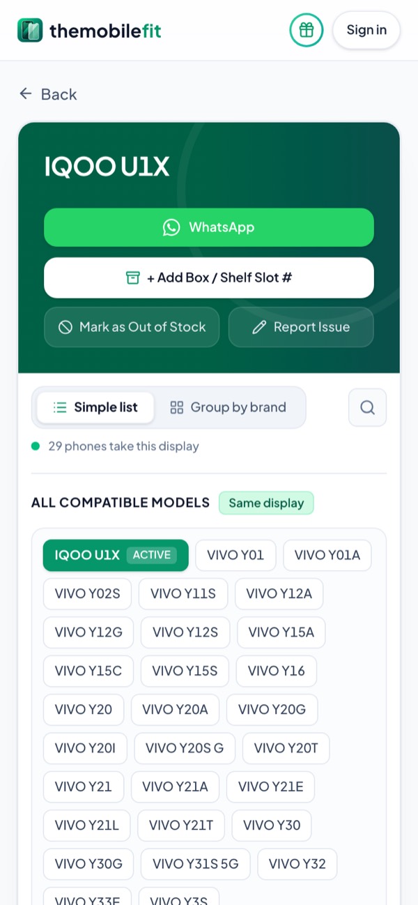TheMobileFit display card for IQOO U1X: 29 phones take this display, among them VIVO Y01, VIVO Y01A, VIVO Y02S and VIVO Y3S, with model codes such as V2027.