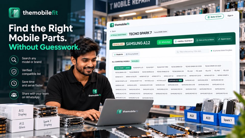 TheMobileFit open on a laptop at the shop counter: the TECNO SPARK 7 card lists every phone that takes the SAMSUNG A12 glass, beside boxes labelled A12 Display, A12 Glass and Spark 7 Display.