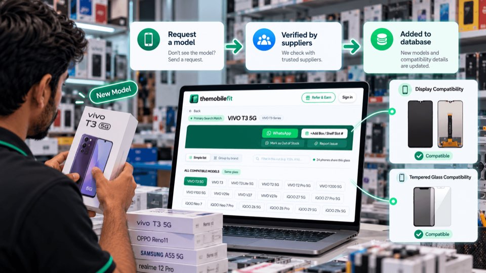 A shop owner holds a new VIVO T3 5G box while TheMobileFit shows its card; three steps above read Request a model, Verified by suppliers and Added to database.