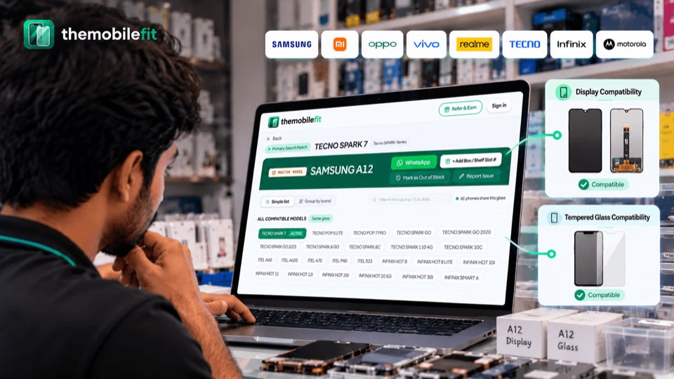 A mobile shop technician checks a TECNO SPARK 7 in TheMobileFit on a laptop: its SAMSUNG A12 glass is shared by 61 phones, with display and tempered glass compatibility shown beside it and brands from Samsung to Motorola above.