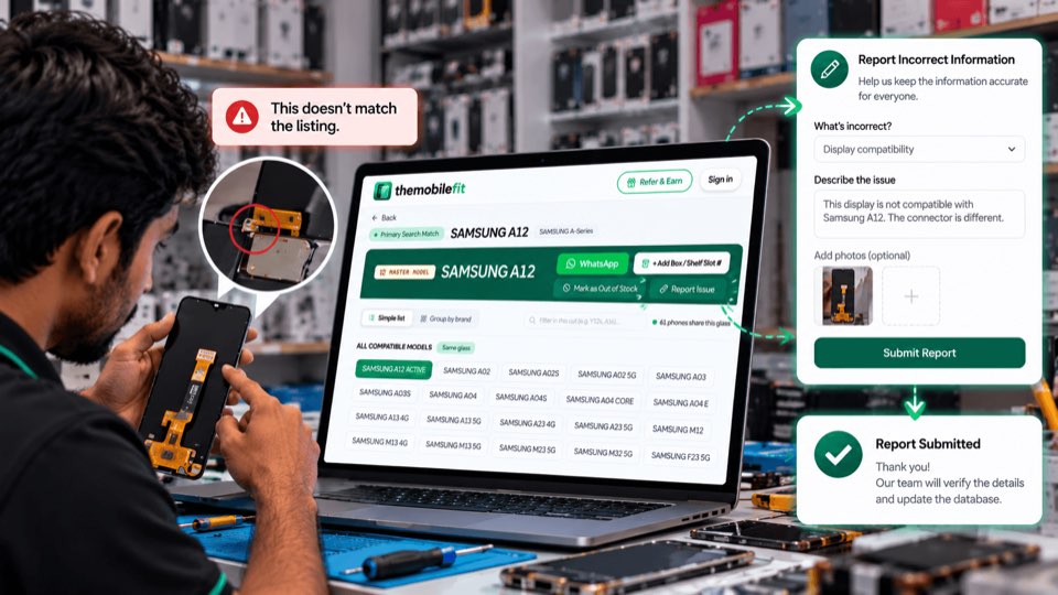 A technician finds a display whose connector doesn't match the SAMSUNG A12 listing and reports it from the card's Report Issue button, with a photo; the report is submitted for review.