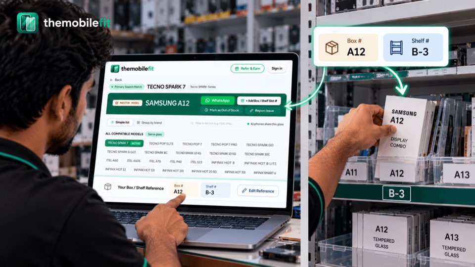 The SAMSUNG A12 card in TheMobileFit shows the shop's saved reference, Box A12 on Shelf B-3, and a hand takes the Samsung A12 box from that shelf.