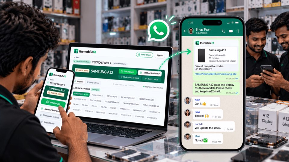 A shop owner taps WhatsApp on a SAMSUNG A12 card in TheMobileFit, and the shop team's WhatsApp group receives the compatible models, with replies from the staff.